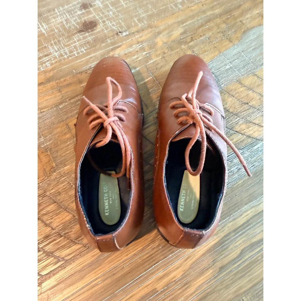 Kenneth Cole Boys Cognac Leather Straight Line Cap Toe Dress Shoes Size 12 Kids